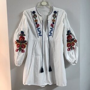 ZARA | Lg | Cotton Mini Dress/Tunic White/Multicolor Floral Embroidery UEC